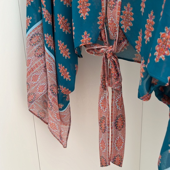 Rose + Olive teal & orange flowy shawl - Picture 4 of 9